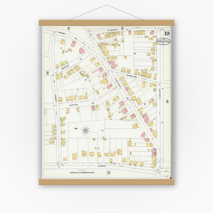 Old map wall art mockup — magnetic wood frame on white wall — Sanborn Fire Insurance Map from Washington, Washington County, Pennsylvania (1904), Sheet #0019