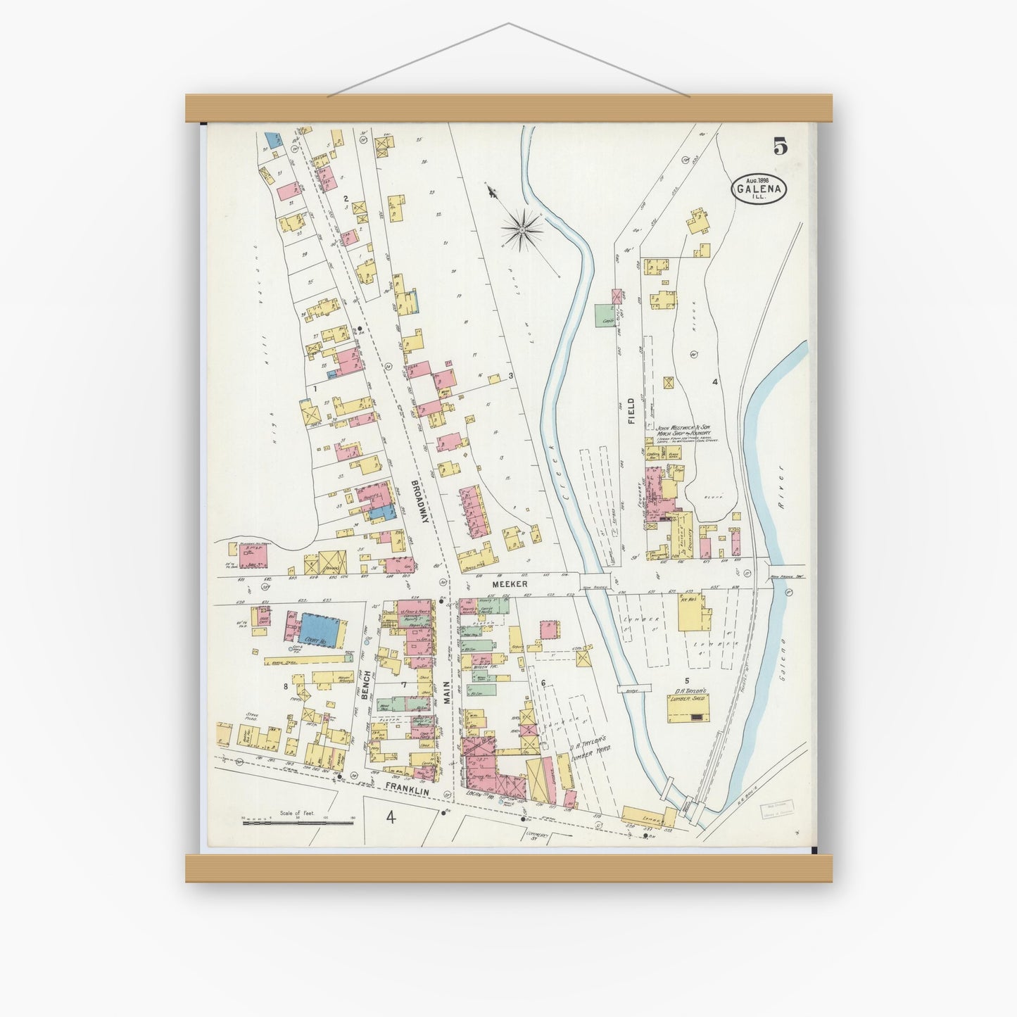 Old map wall art mockup — magnetic wood frame on white wall — Sanborn Fire Insurance Map from Galena, Jo Daviess County, Illinois (1898), Sheet #0005