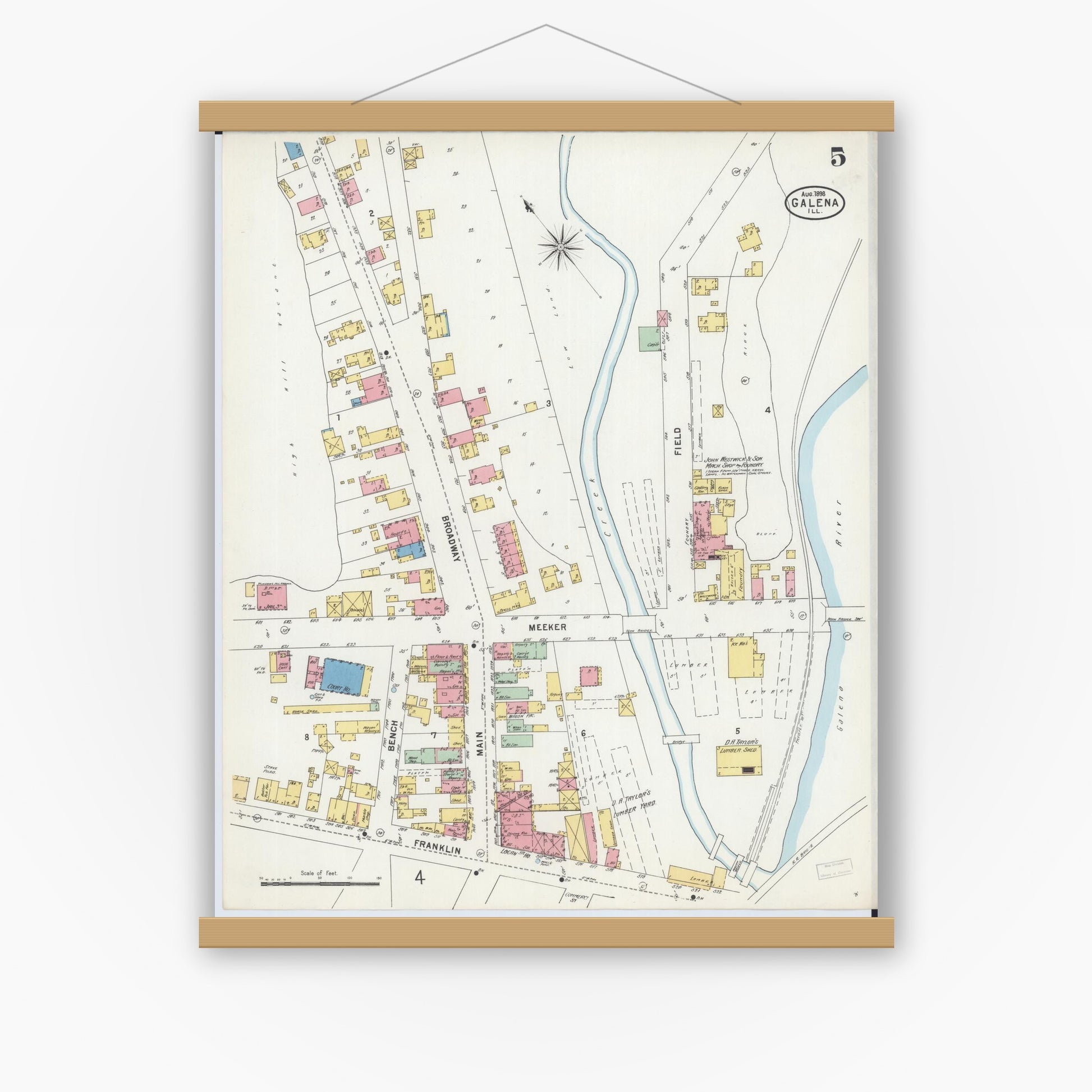 Old map wall art mockup — magnetic wood frame on white wall — Sanborn Fire Insurance Map from Galena, Jo Daviess County, Illinois (1898), Sheet #0005