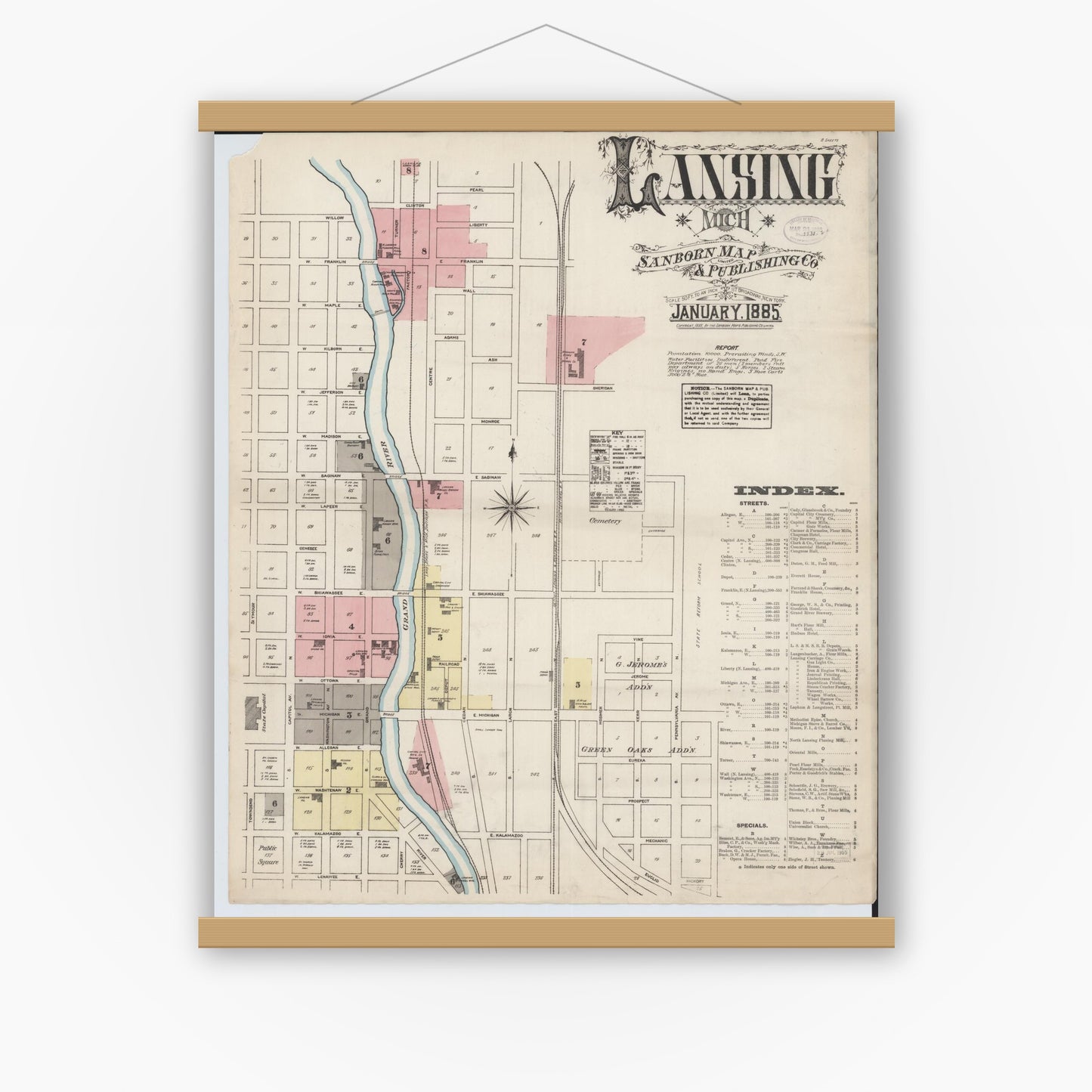 Old map wall art mockup — magnetic wood frame on white wall — Sanborn Fire Insurance Map from Lansing, Ingham County, Michigan (1885) - Complete Map Set