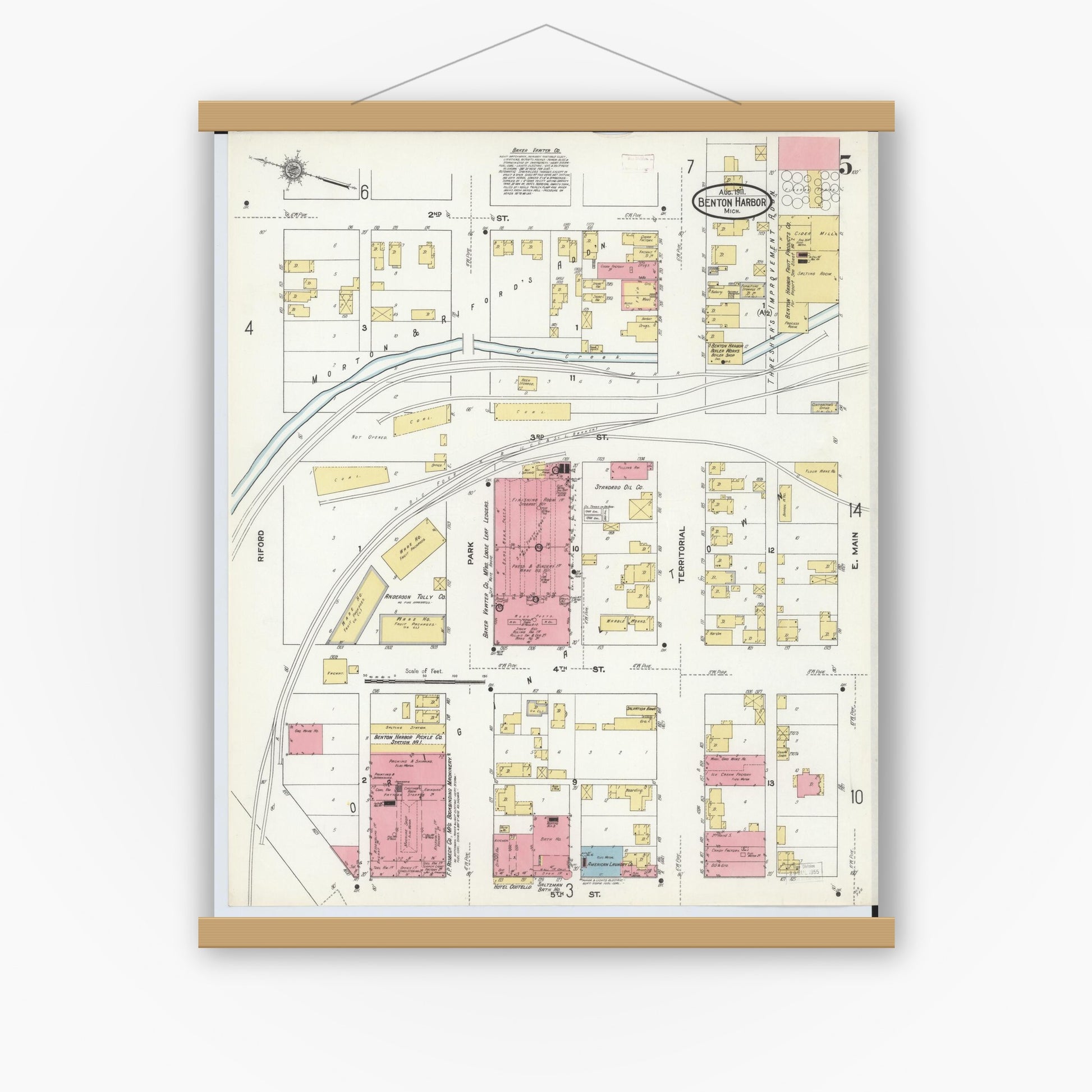 Old map wall art mockup — magnetic wood frame on white wall — Sanborn Fire Insurance Map from Benton Harbor, Berrien County, Michigan (1911), Sheet #0005