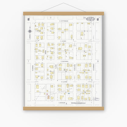 Old map wall art mockup — magnetic wood frame on white wall — Sanborn Fire Insurance Map from Kirksville, Adair County, Missouri (1925), Sheet #0008