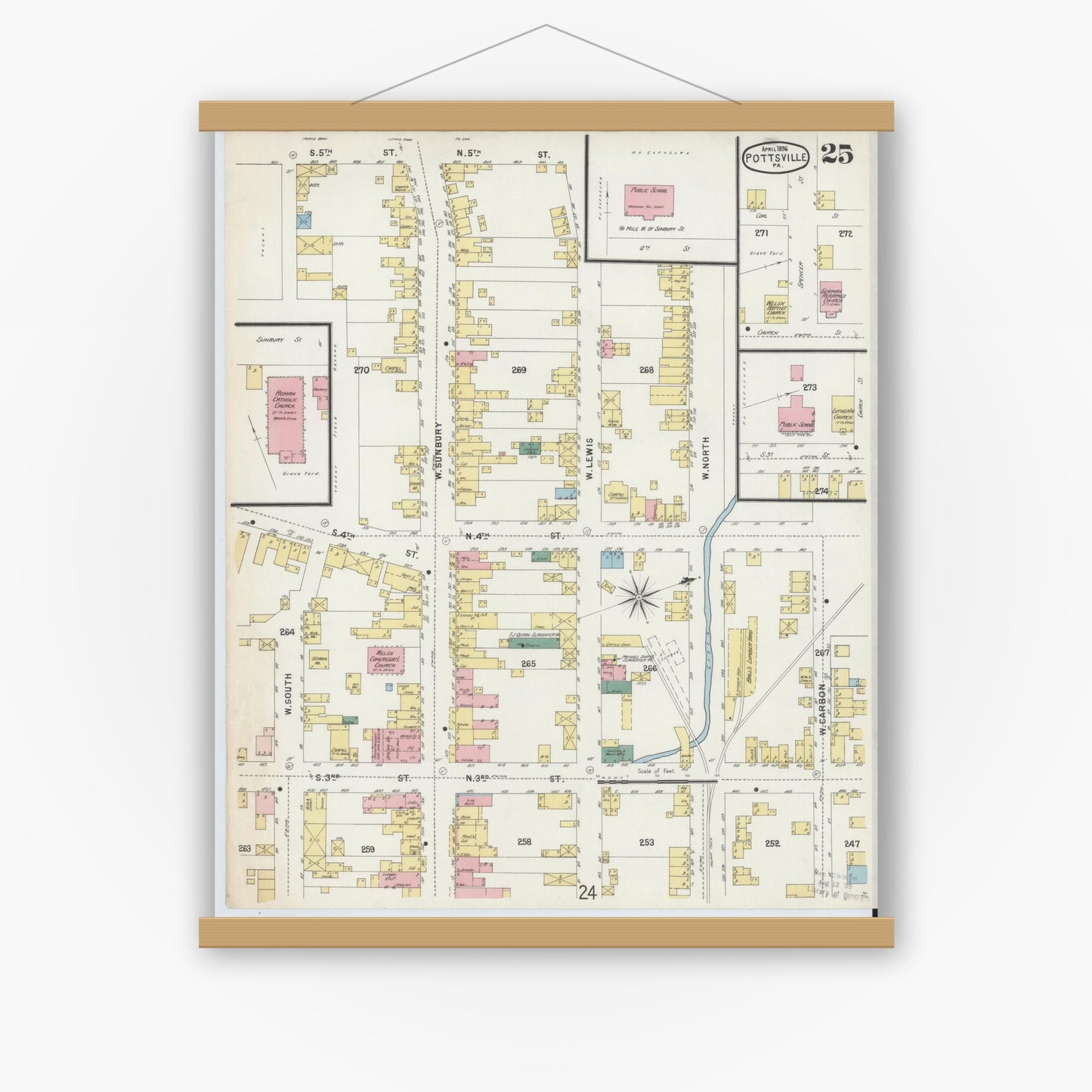 Old map wall art mockup — magnetic wood frame on white wall — Sanborn Fire Insurance Map from Pottsville, Schuylkill County, Pennsylvania (1895), Sheet #0025