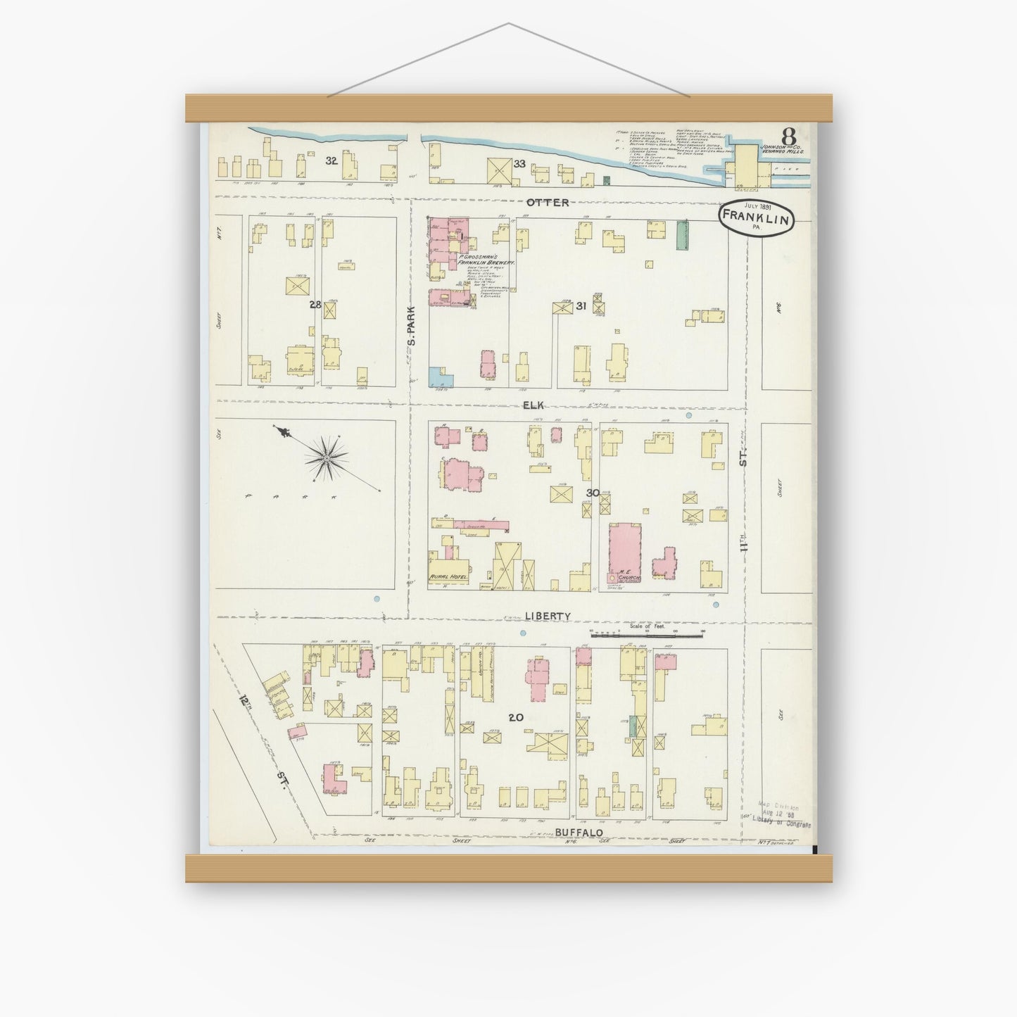 Old map wall art mockup — magnetic wood frame on white wall — Sanborn Fire Insurance Map from Franklin, Venango County, Pennsylvania (1891), Sheet #0008