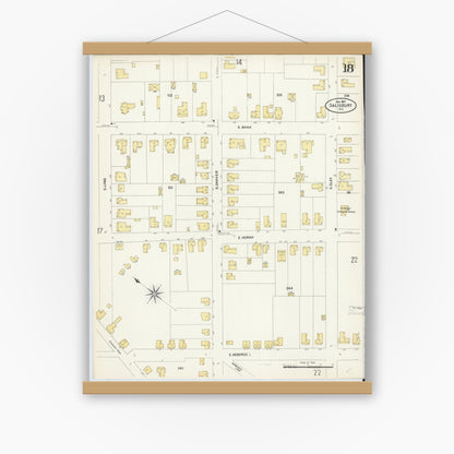 Old map wall art mockup — magnetic wood frame on white wall — Sanborn Fire Insurance Map from Salisbury, Rowan County, North Carolina (1907), Sheet #0018