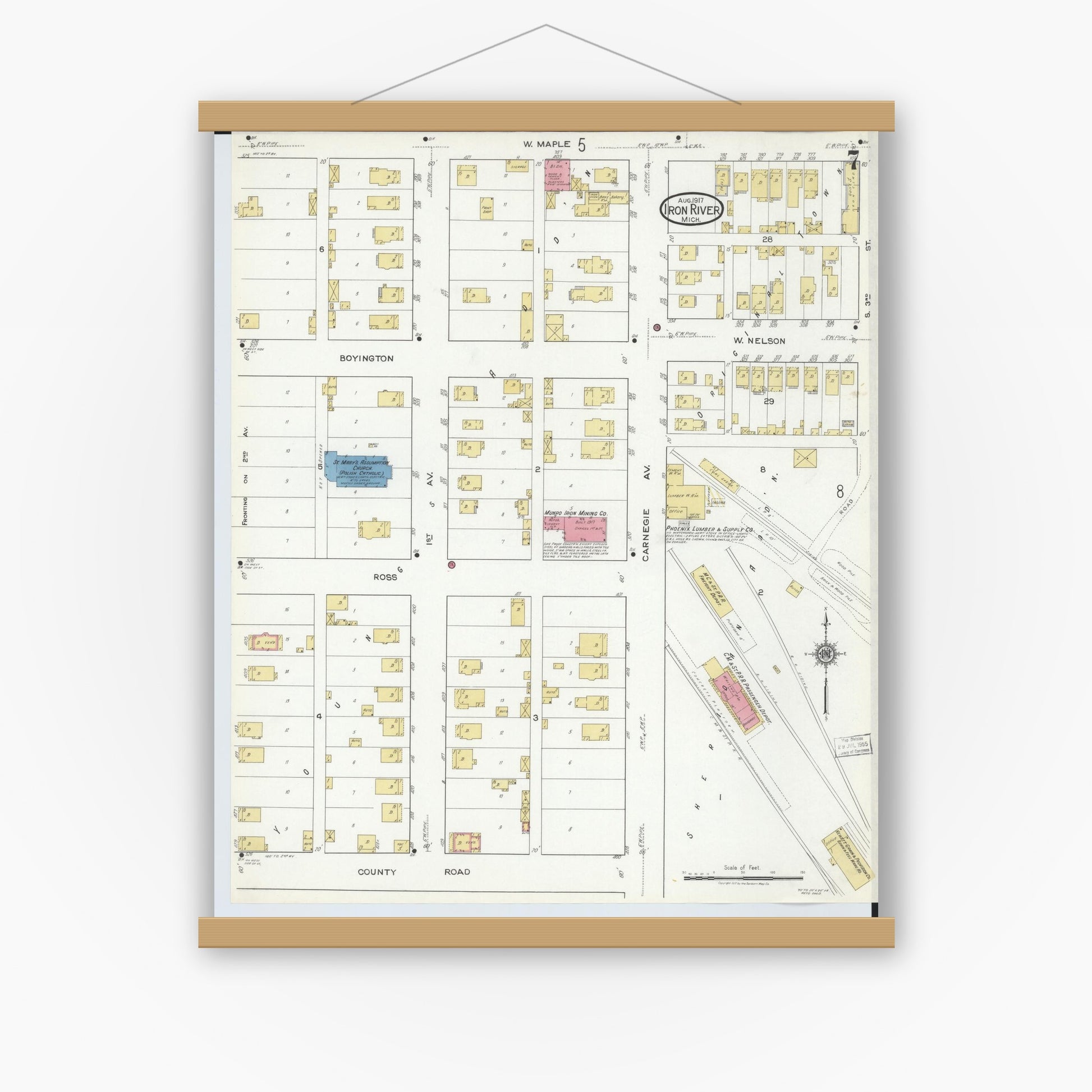 Old map wall art mockup — magnetic wood frame on white wall — Sanborn Fire Insurance Map from Iron River, Iron County, Michigan (1917), Sheet #0007