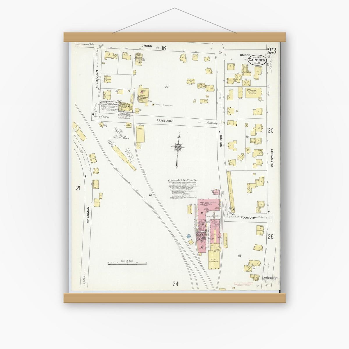 Old map wall art mockup — magnetic wood frame on white wall — Sanborn Fire Insurance Map from Gardner, Worcester County, Massachusetts (1909), Sheet #0023