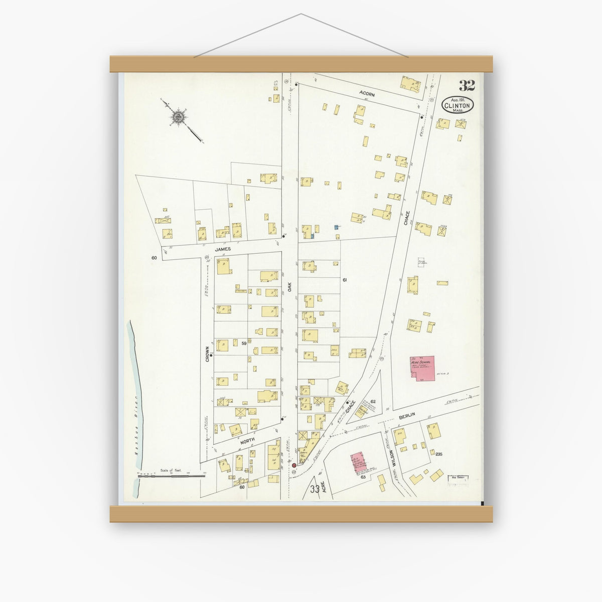 Old map wall art mockup — magnetic wood frame on white wall — Sanborn Fire Insurance Map from Clinton, Worcester County, Massachusetts (1911), Sheet #0032