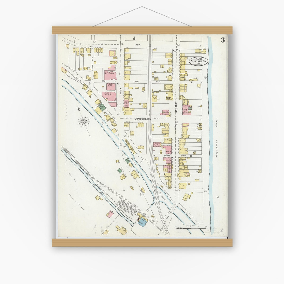 Old map wall art mockup — magnetic wood frame on white wall — Sanborn Fire Insurance Map from Duncannon, Perry County, Pennsylvania (1899), Sheet #0003