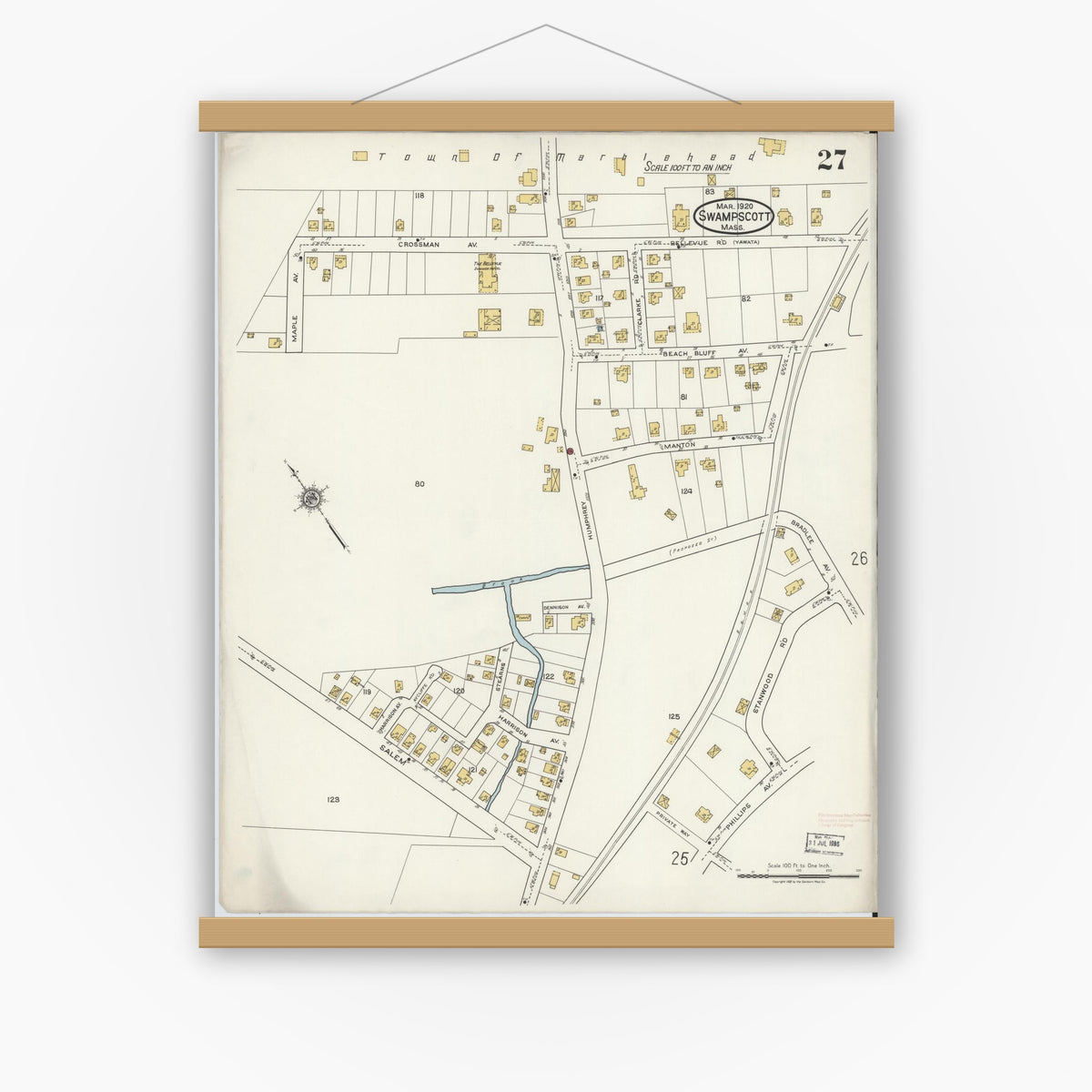 Old map wall art mockup — magnetic wood frame on white wall — Sanborn Fire Insurance Map from Swampscott, Essex County, Massachusetts (1920), Sheet #0027