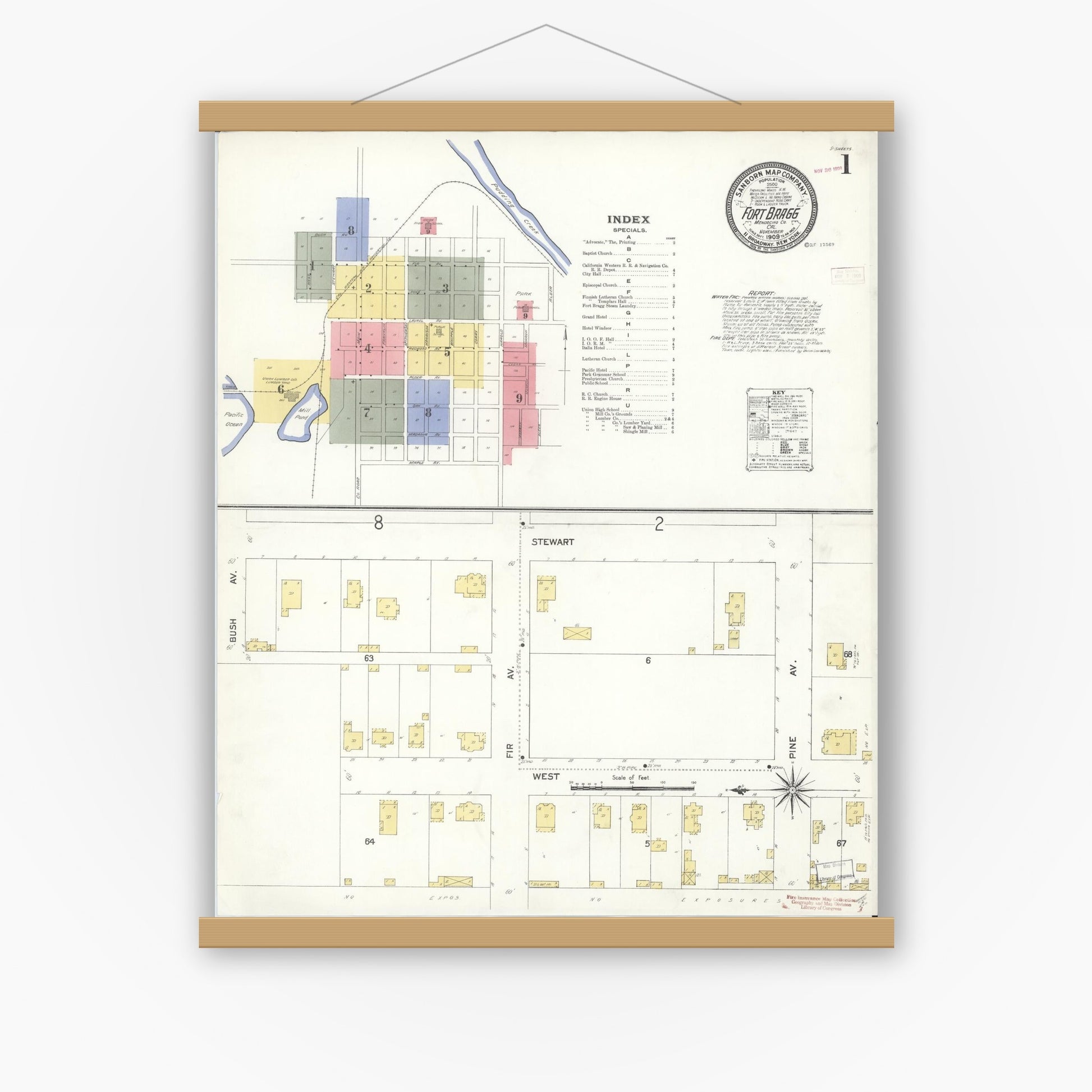 Old map wall art mockup — magnetic wood frame on white wall — Sanborn Fire Insurance Map from Fort Bragg, Mendocino County, California (1909), Sheet #0001