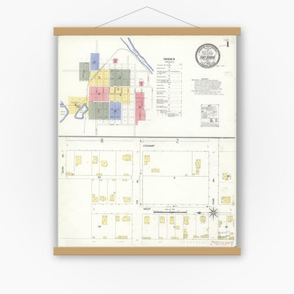 Old map wall art mockup — magnetic wood frame on white wall — Sanborn Fire Insurance Map from Fort Bragg, Mendocino County, California (1909), Sheet #0001