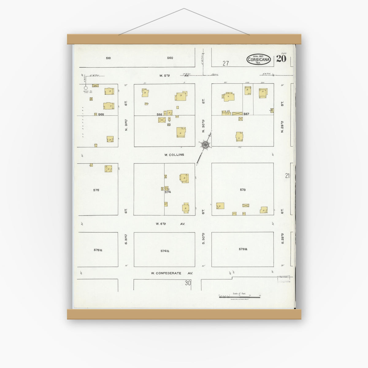 Old map wall art mockup — magnetic wood frame on white wall — Sanborn Map from Corsicana, Navarro County, Texas (1921), Sheet #0020