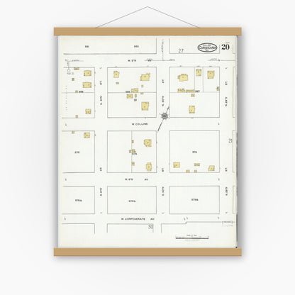 Old map wall art mockup — magnetic wood frame on white wall — Sanborn Map from Corsicana, Navarro County, Texas (1921), Sheet #0020