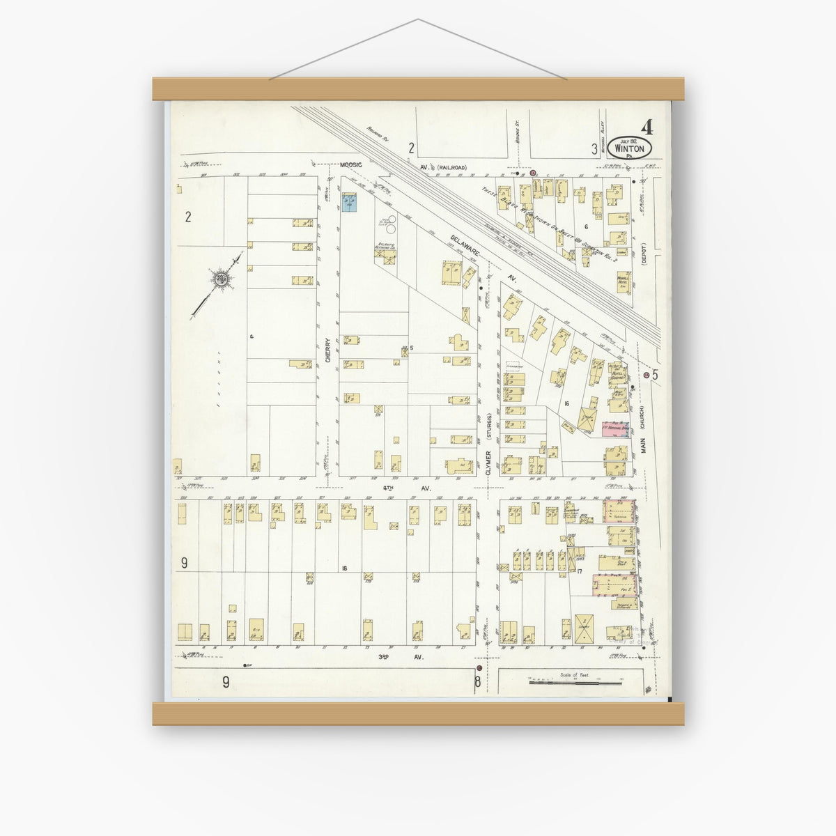 Old map wall art mockup — magnetic wood frame on white wall — Sanborn Fire Insurance Map from Winton, Lackawanna County, Pennsylvania (1912), Sheet #0004