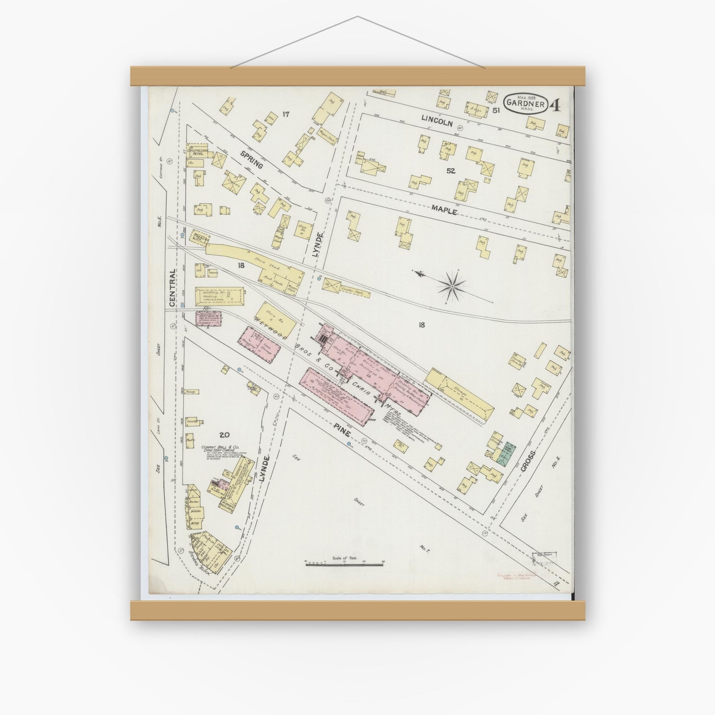Old map wall art mockup — magnetic wood frame on white wall — Sanborn Fire Insurance Map from Gardner, Worcester County, Massachusetts (1889), Sheet #0004