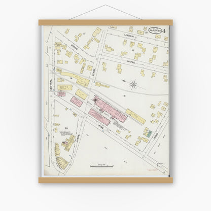 Old map wall art mockup — magnetic wood frame on white wall — Sanborn Fire Insurance Map from Gardner, Worcester County, Massachusetts (1889), Sheet #0004