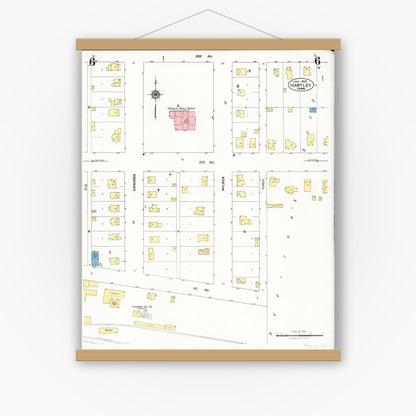 Old map wall art mockup — magnetic wood frame on white wall — Sanborn Fire Insurance Map from Hartley, O'Brien County, Iowa (1925), Sheet #0006