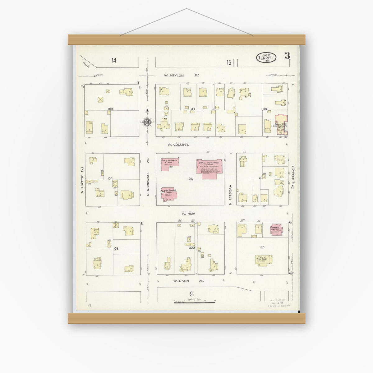 Old map wall art mockup — magnetic wood frame on white wall — Sanborn Fire Insurance Map from Terrell, Kaufman County, Texas (1914), Sheet #0003