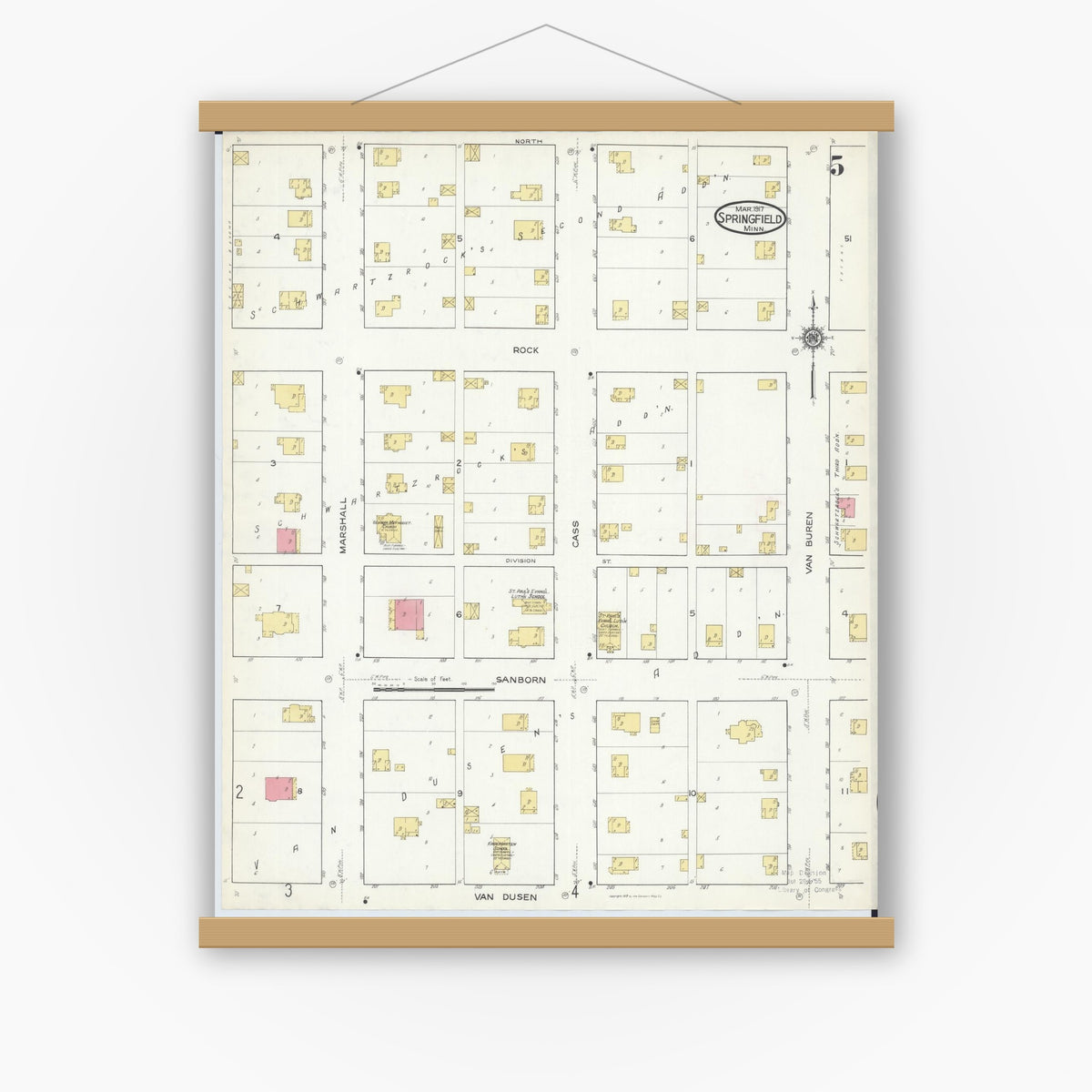 Old map wall art mockup — magnetic wood frame on white wall — Sanborn Fire Insurance Map from Springfield, Brown County, Minnesota (1917), Sheet #0005