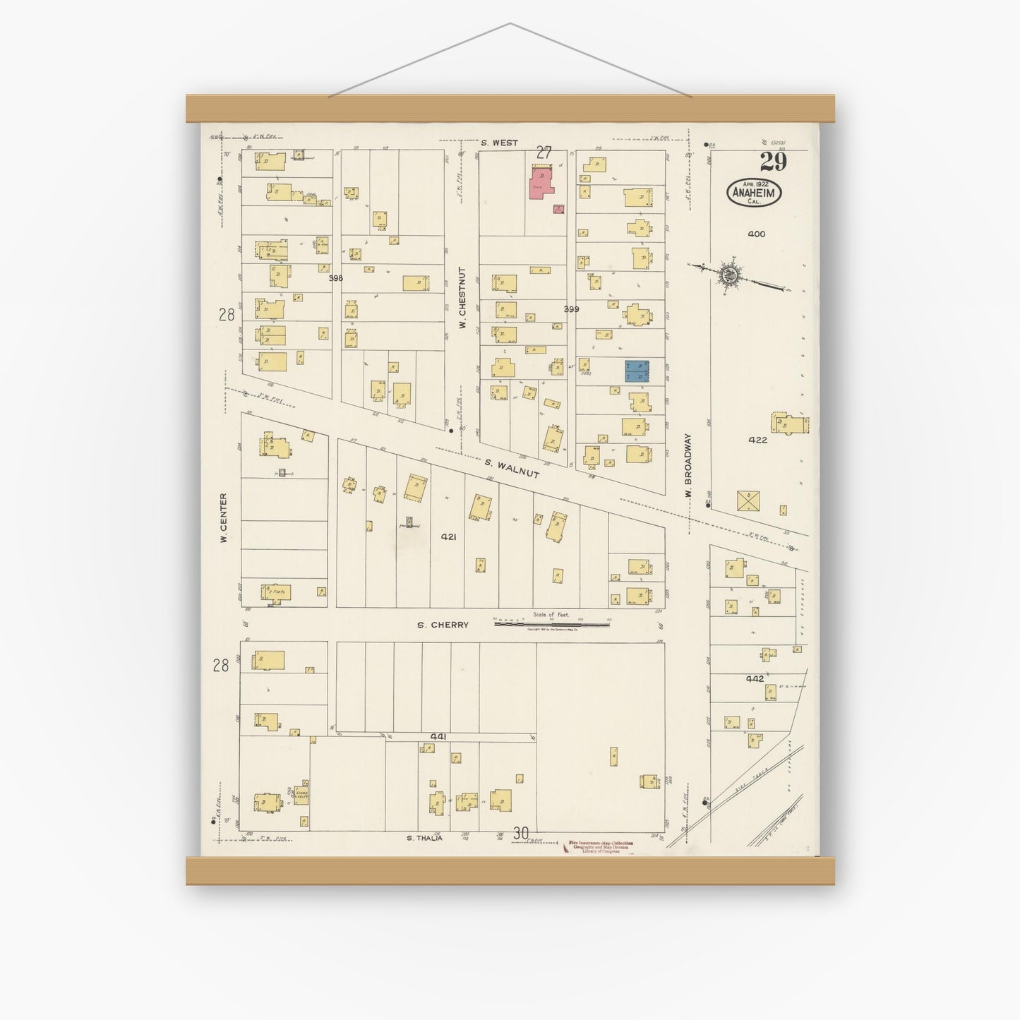 Old map wall art mockup — magnetic wood frame on white wall — Sanborn Fire Insurance Map from Anaheim, Orange County, California (1922), Sheet #0029