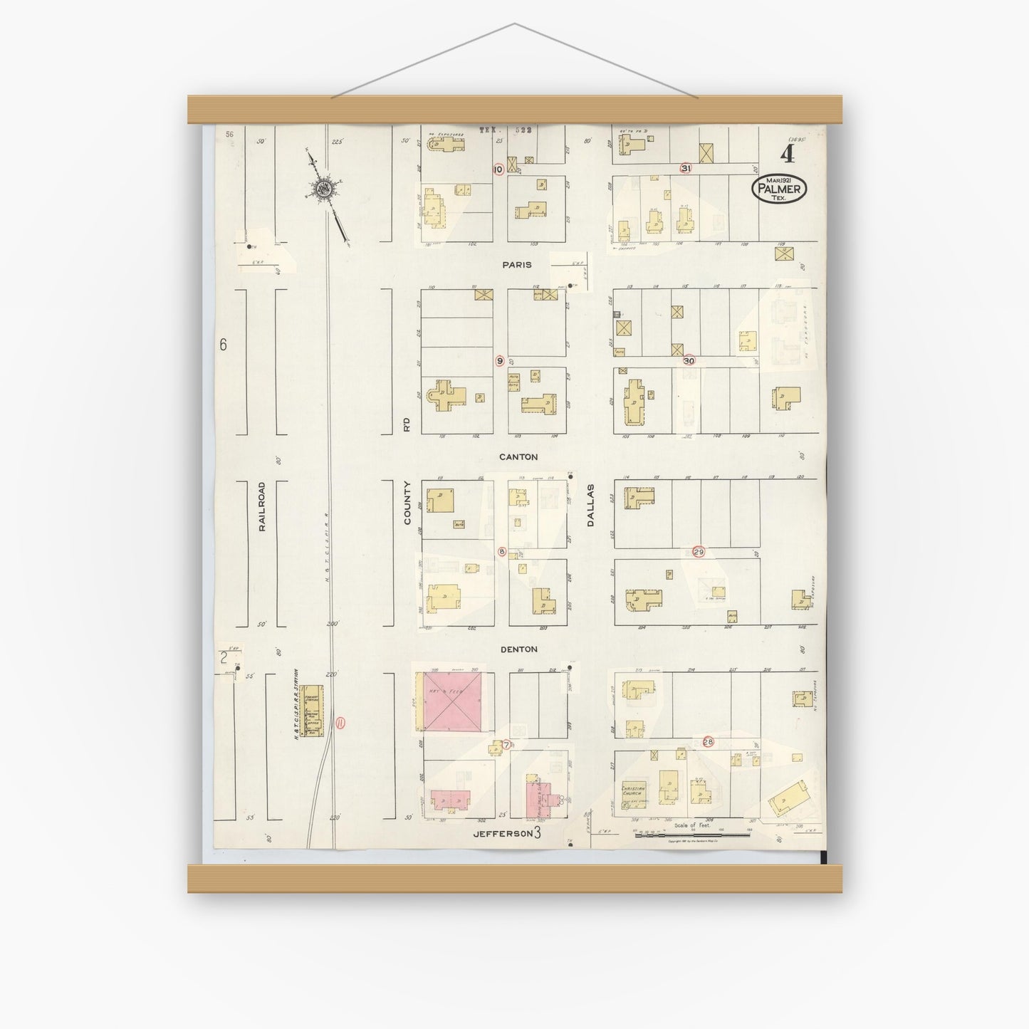 Old map wall art mockup — magnetic wood frame on white wall — Sanborn Fire Insurance Map from Palmer, Ellis County, Texas (1936), Sheet #0004