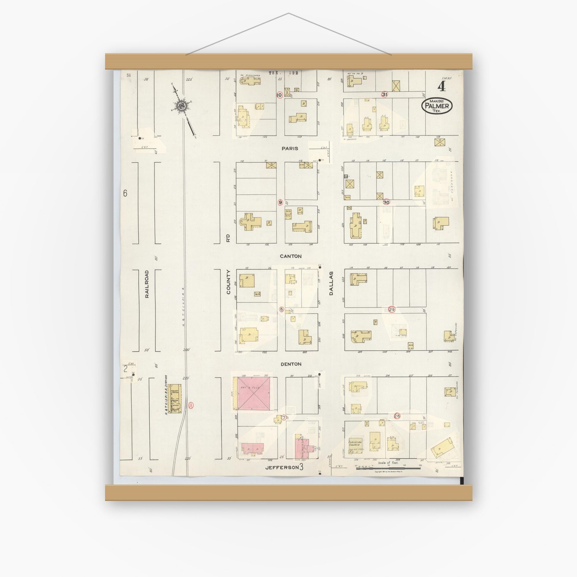 Old map wall art mockup — magnetic wood frame on white wall — Sanborn Fire Insurance Map from Palmer, Ellis County, Texas (1936), Sheet #0004