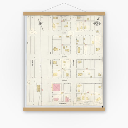 Old map wall art mockup — magnetic wood frame on white wall — Sanborn Fire Insurance Map from Palmer, Ellis County, Texas (1936), Sheet #0004