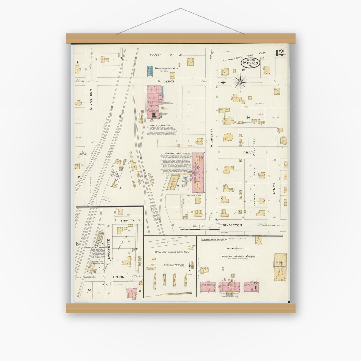 Old map wall art mockup — magnetic wood frame on white wall — Sanborn Fire Insurance Map from Mexico, Audrain County, Missouri (1908), Sheet #0012