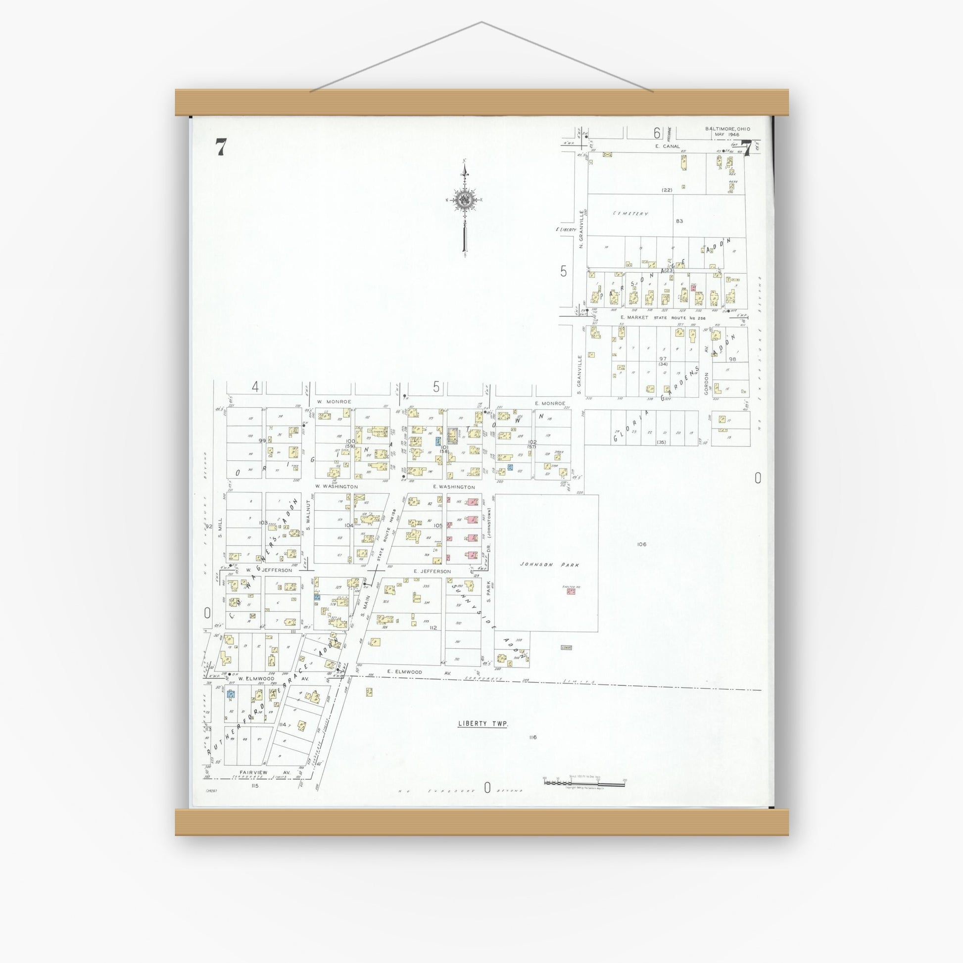 Old map wall art mockup — magnetic wood frame on white wall — Sanborn Fire Insurance Map from Baltimore, Fairfield County, Ohio (1946), Sheet #0007