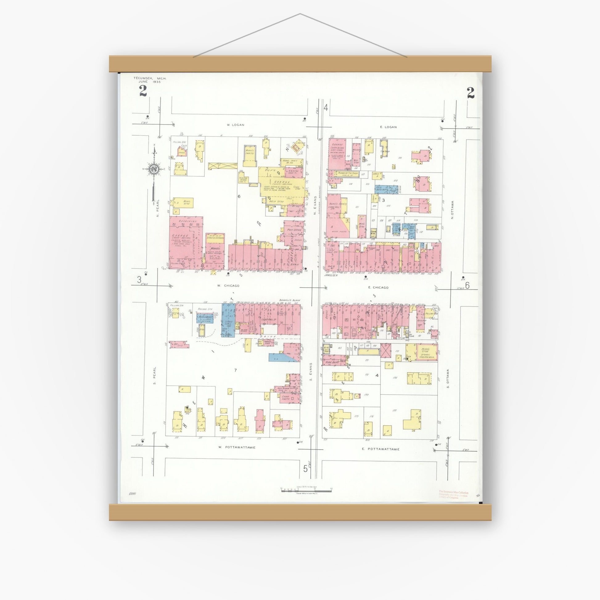 Old map wall art mockup — magnetic wood frame on white wall — Sanborn Fire Insurance Map from Tecumseh, Lenawee County, Michigan (1935), Sheet #0002