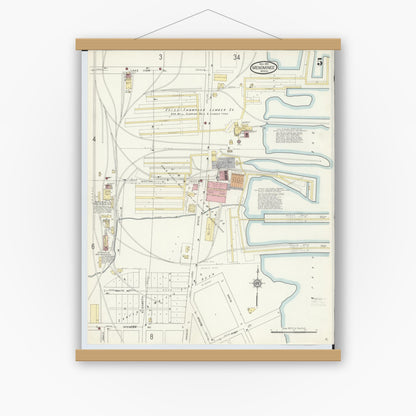 Old map wall art mockup — magnetic wood frame on white wall — Sanborn Fire Insurance Map from Menominee, Menominee County, Michigan (1913), Sheet #0005