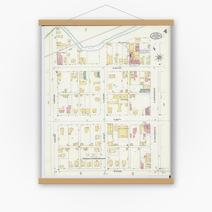 Old map wall art mockup — magnetic wood frame on white wall — Sanborn Fire Insurance Map from Jackson, Jackson County, Ohio (1905), Sheet #0004