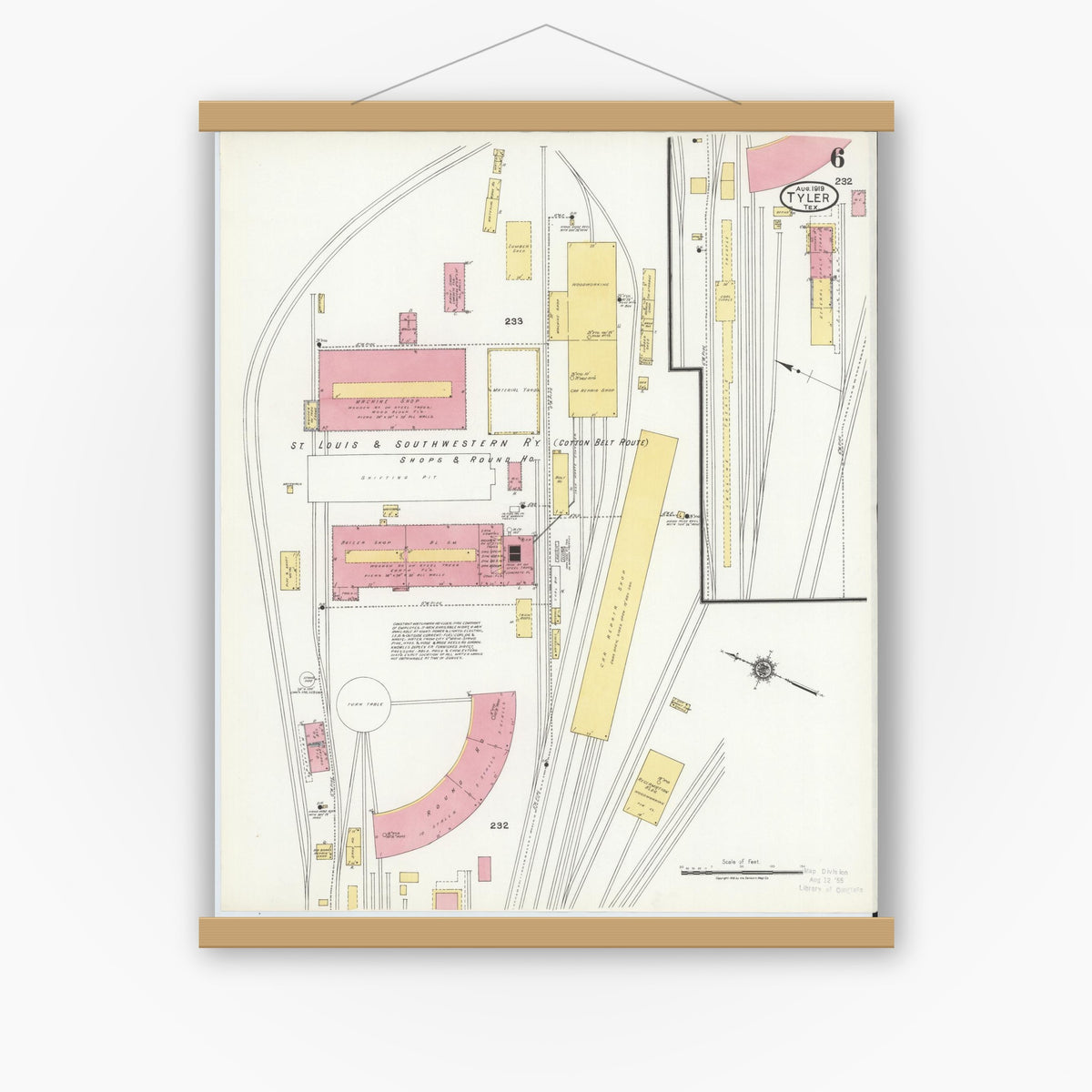 Old map wall art mockup — magnetic wood frame on white wall — Sanborn Fire Insurance Map from Tyler, Smith County, Texas (1919), Sheet #0006