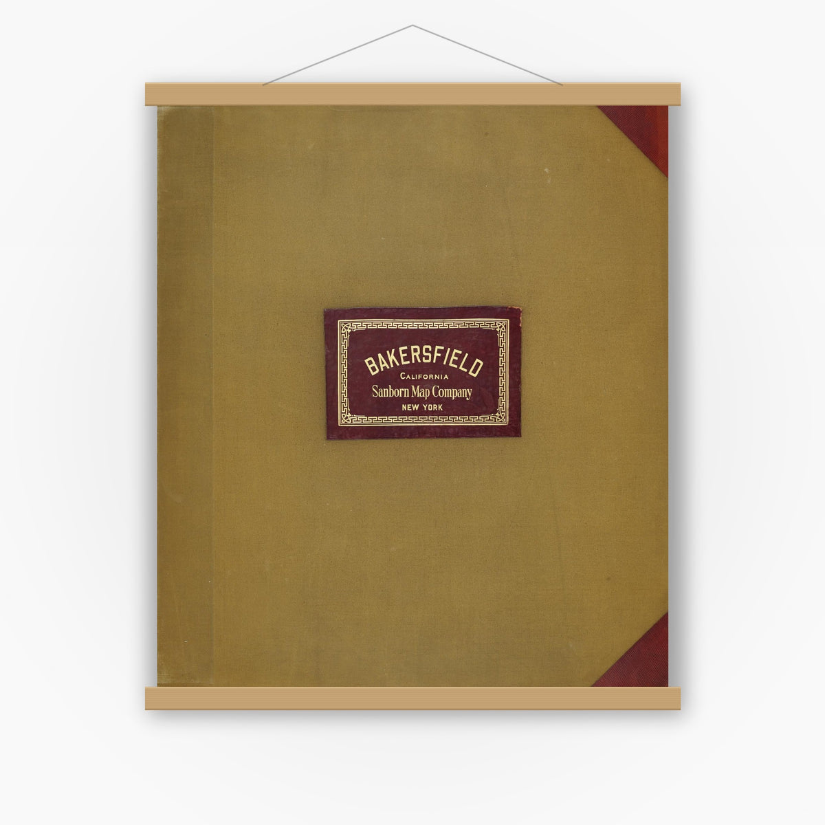 Old map wall art mockup — magnetic wood frame on white wall — Sanborn Fire Insurance Map from Bakersfield, Kern County, California (1951), Sheet #0001