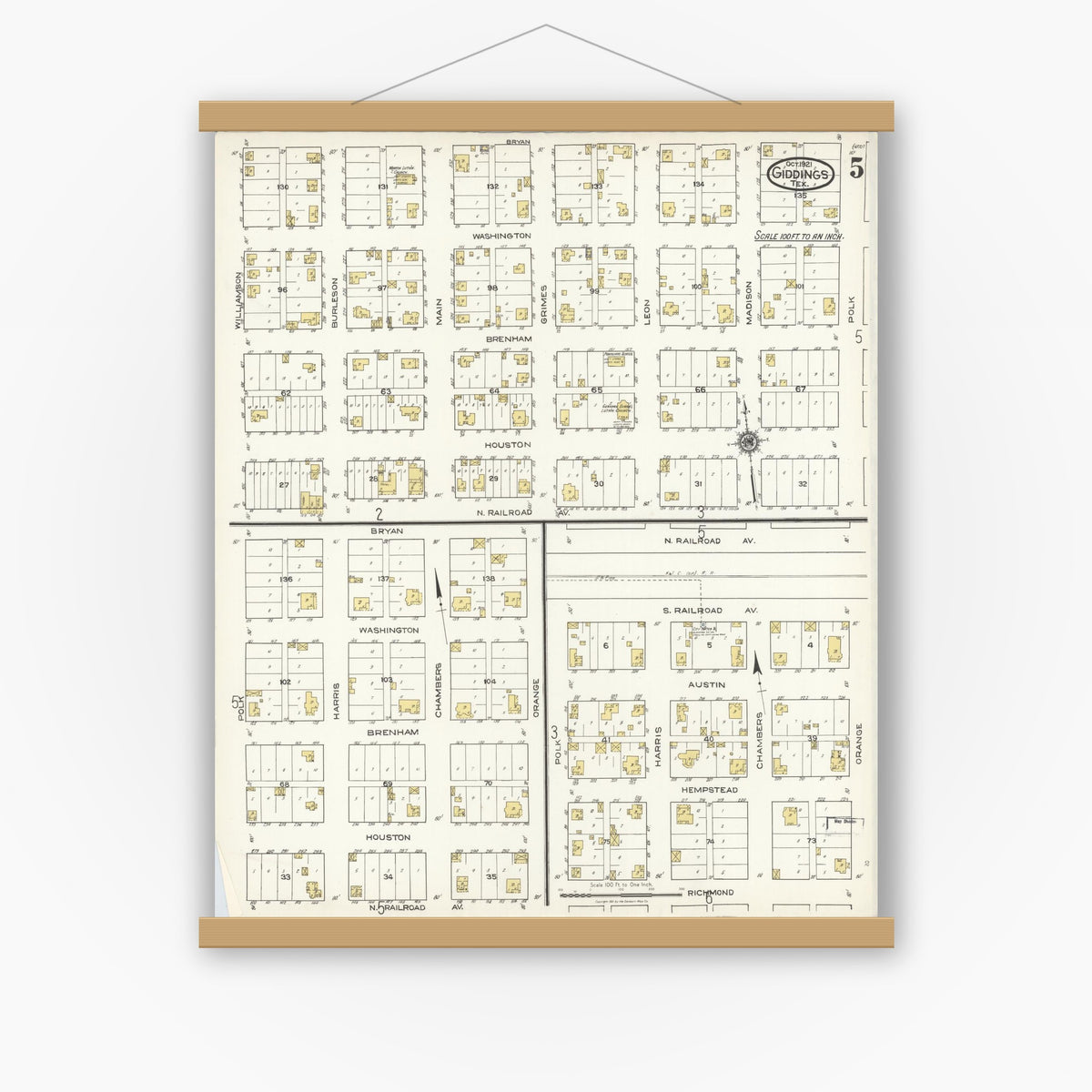 Old map wall art mockup — magnetic wood frame on white wall — Sanborn Fire Insurance Map from Giddings, Lee County, Texas (1921), Sheet #0005