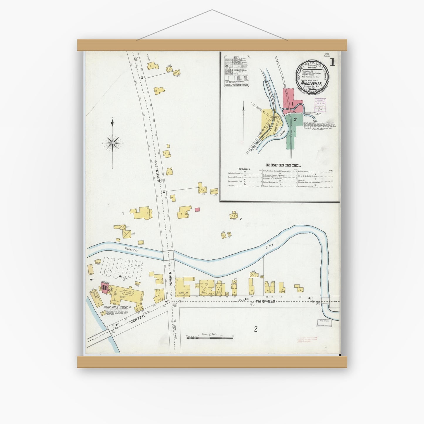 Old map wall art mockup — magnetic wood frame on white wall — Sanborn Fire Insurance Map from Middleville, Herkimer County, New York (1901) - Complete Map Set