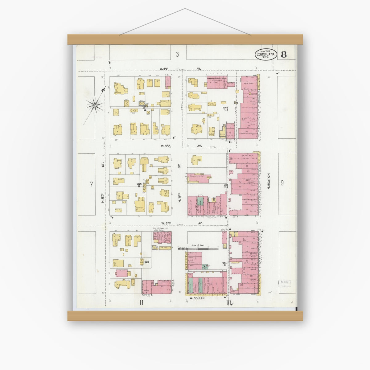 Old map wall art mockup — magnetic wood frame on white wall — Sanborn Fire Insurance Map from Corsicana, Navarro County, Texas (1905), Sheet #0008