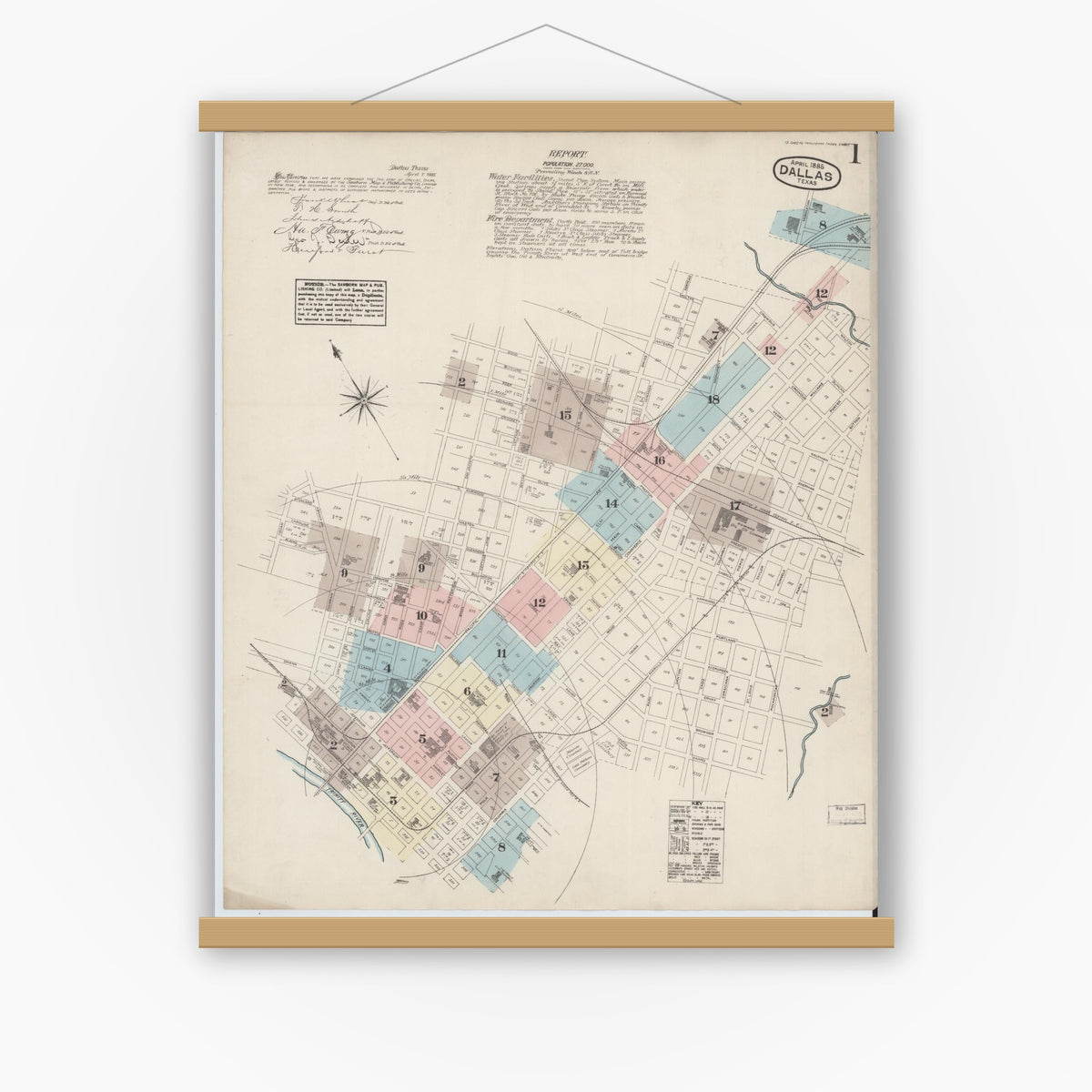 Old map wall art mockup — magnetic wood frame on white wall — Sanborn Fire Insurance Map from Dallas, Dallas County, Texas (1885) - Complete Map Set