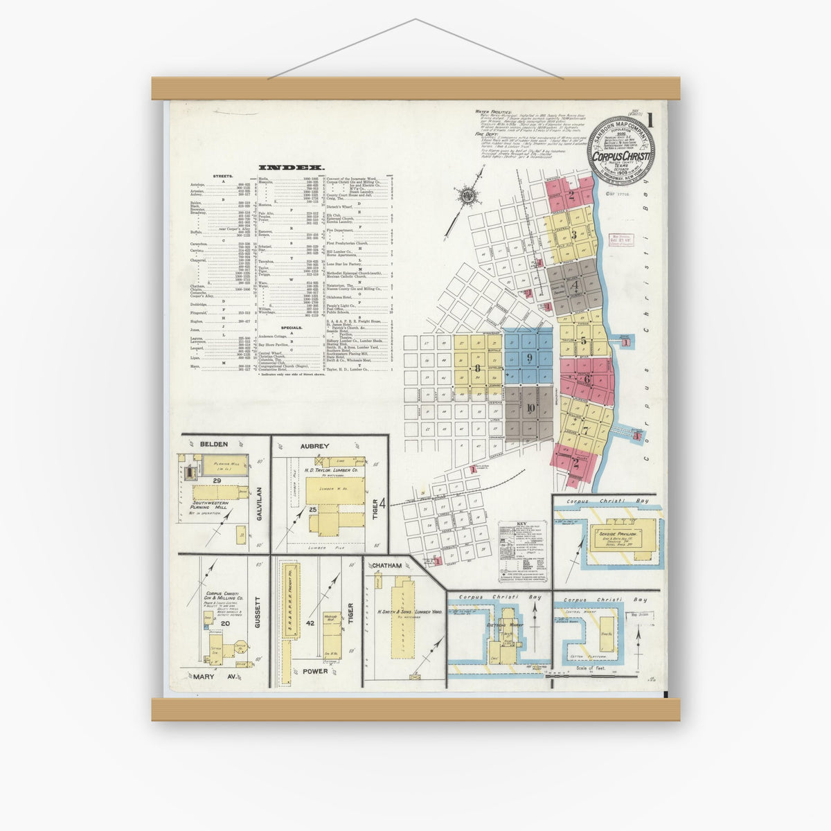 Old map wall art mockup — magnetic wood frame on white wall — Sanborn Fire Insurance Map from Corpus Christi, Nueces County, Texas (1909), Sheet #0001