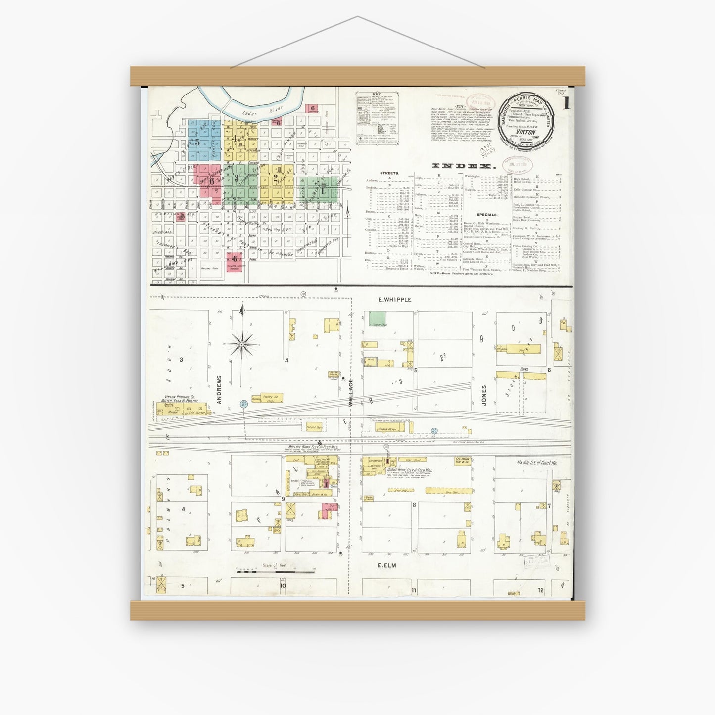 Old map wall art mockup — magnetic wood frame on white wall — Sanborn Fire Insurance Map from Vinton, Benton County, Iowa (1899) â€” Complete Set