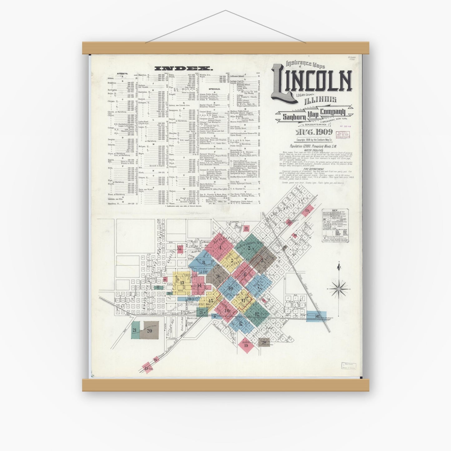 Old map wall art mockup — magnetic wood frame on white wall — Sanborn Fire Insurance Map from Lincoln, Logan County, Illinois (1909), Sheet #0001