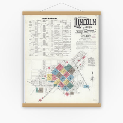 Old map wall art mockup — magnetic wood frame on white wall — Sanborn Fire Insurance Map from Lincoln, Logan County, Illinois (1909), Sheet #0001