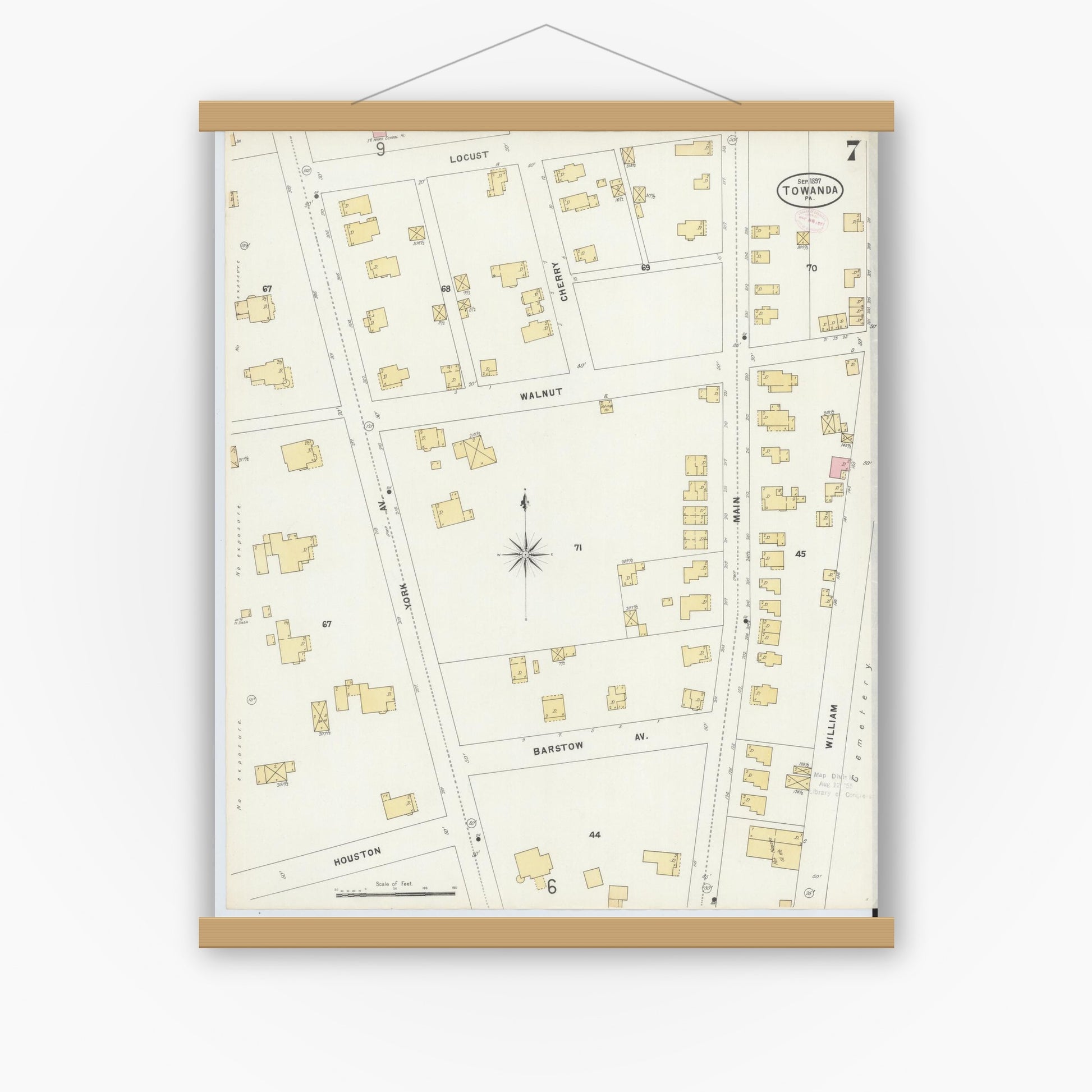 Old map wall art mockup — magnetic wood frame on white wall — Sanborn Fire Insurance Map from Towanda, Bradford County, Pennsylvania (1897), Sheet #0007