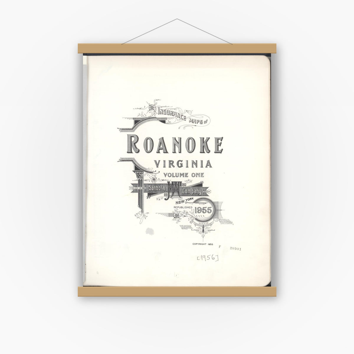 Old map wall art mockup — magnetic wood frame on white wall — Sanborn Fire Insurance Map from Roanoke, Independent Cities, Virginia (1955), Sheet #0001