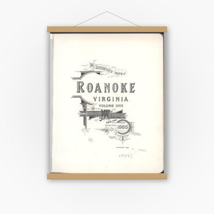 Old map wall art mockup — magnetic wood frame on white wall — Sanborn Fire Insurance Map from Roanoke, Independent Cities, Virginia (1955), Sheet #0001