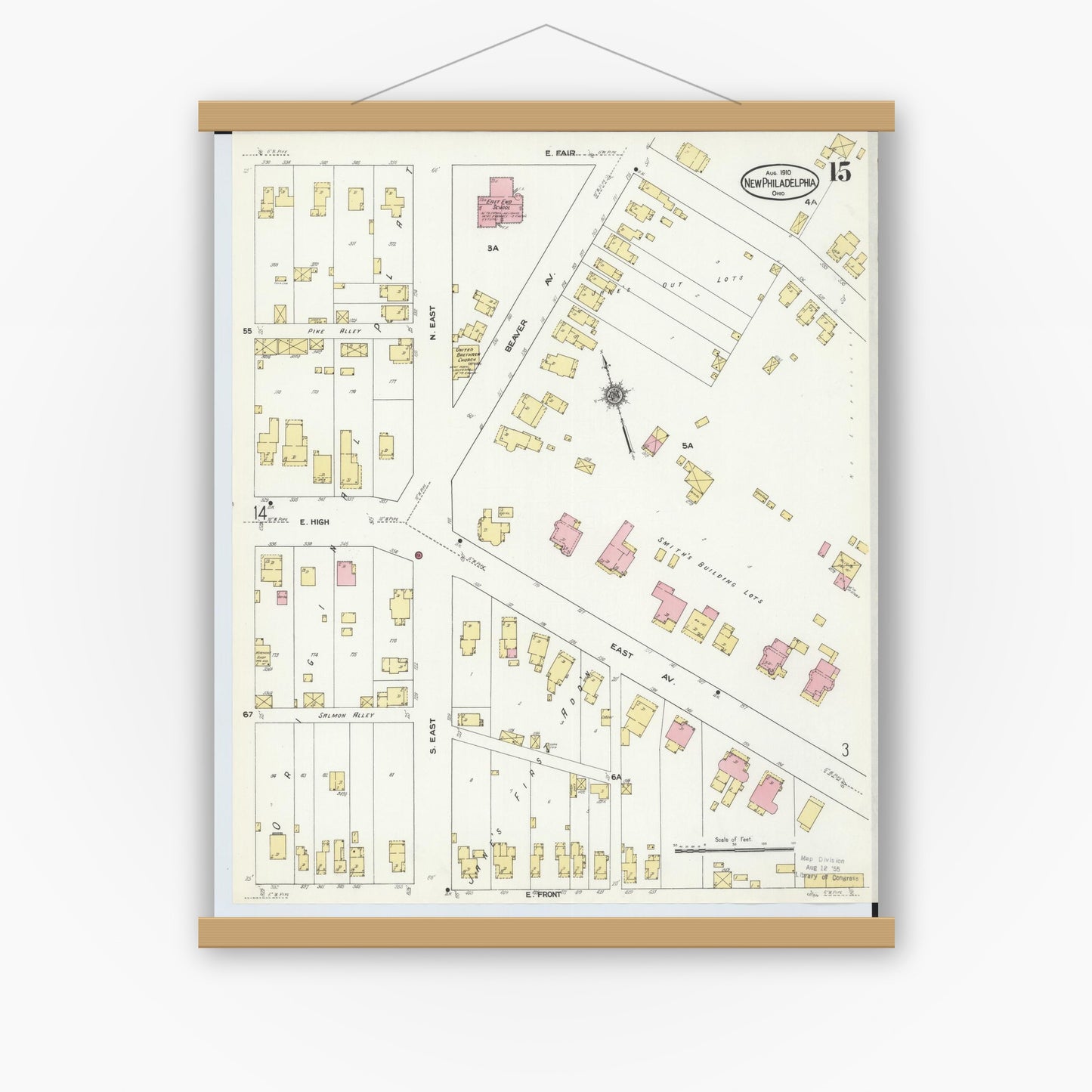 Old map wall art mockup — magnetic wood frame on white wall — Sanborn Fire Insurance Map from New Philadelphia, Tuscarawas County, Ohio (1910), Sheet #0015