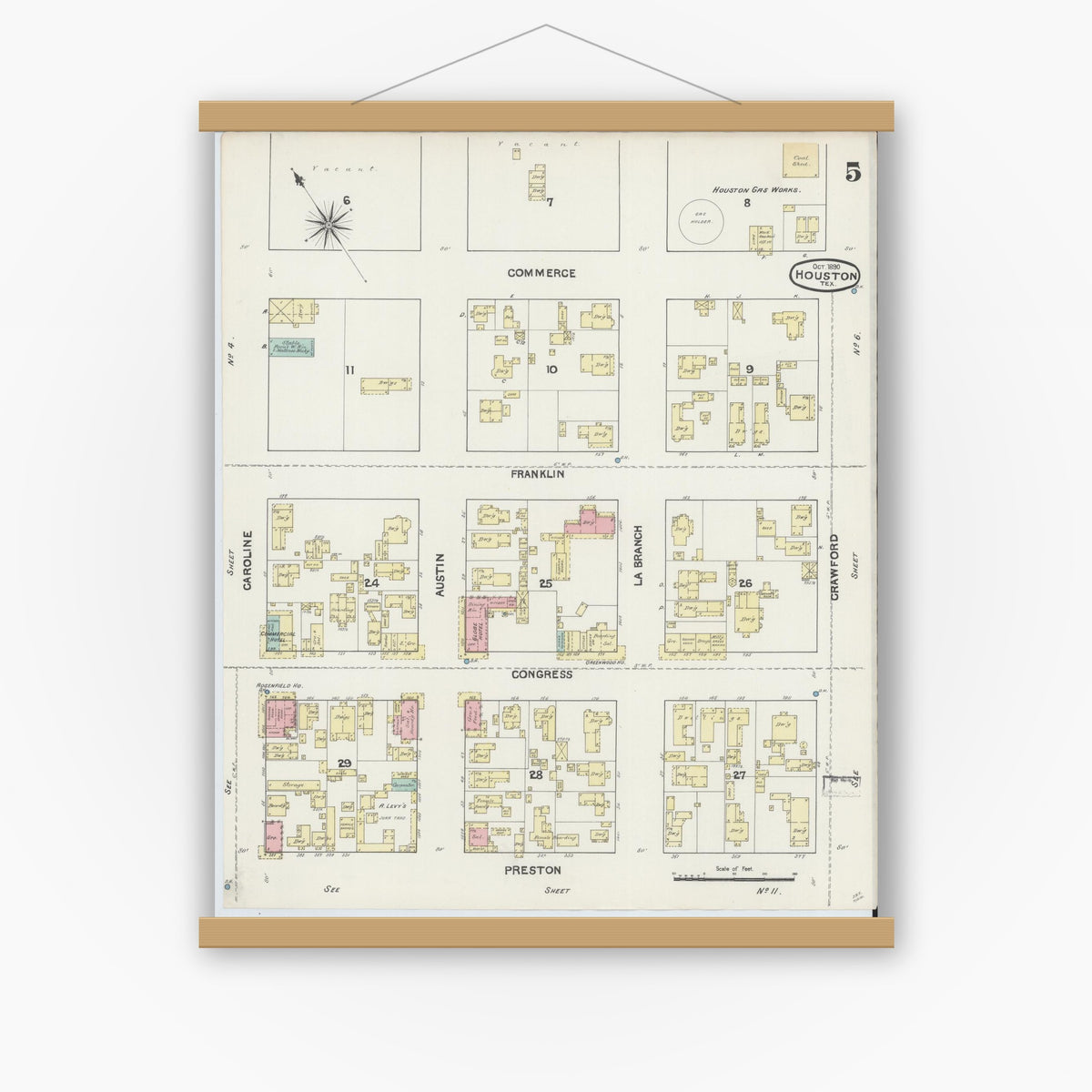 Old map wall art mockup — magnetic wood frame on white wall — Sanborn Fire Insurance Map from Houston, Harris County, Texas (1890), Sheet #0005