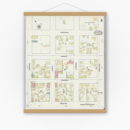 Old map wall art mockup — magnetic wood frame on white wall — Sanborn Fire Insurance Map from Houston, Harris County, Texas (1890), Sheet #0005