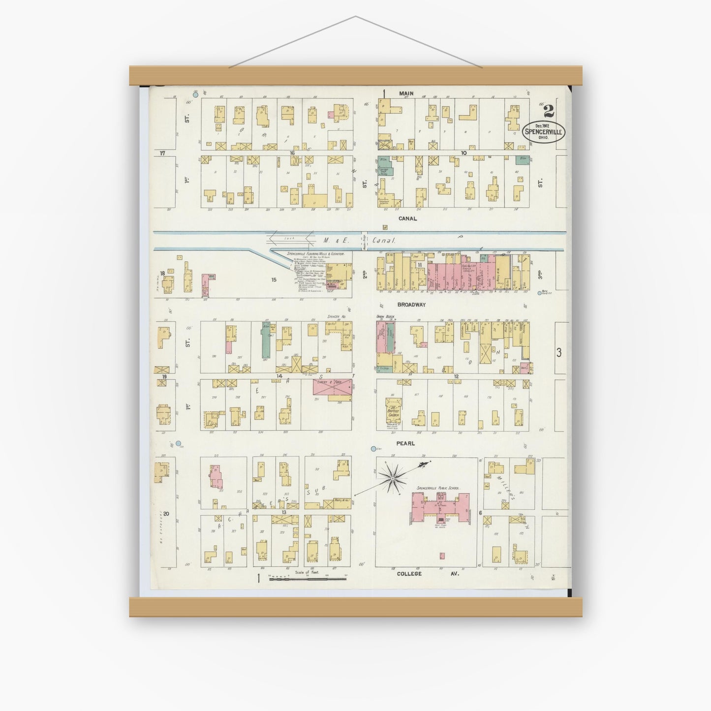 Old map wall art mockup — magnetic wood frame on white wall — Sanborn Fire Insurance Map from Spencerville, Allen County, Ohio (1902), Sheet #0002
